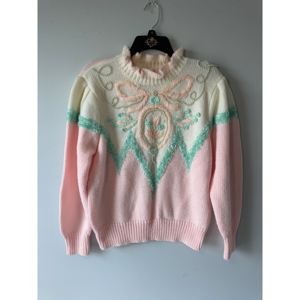 Vintage Jaclyn Smith Pastel Pink Knit Sweater Pearl Embroidered 80s Large 9176